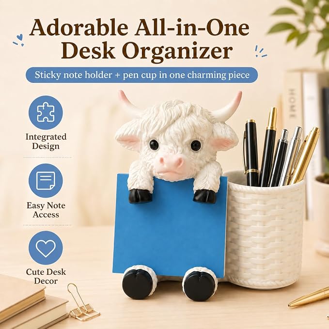 Highland Cow Note Pad Dispenser with Pen Cup, Desk Organizer | Cute highland cow note pad dispenser with pen cup, perfect for desks, offices, classrooms, and cow lover gifts.
