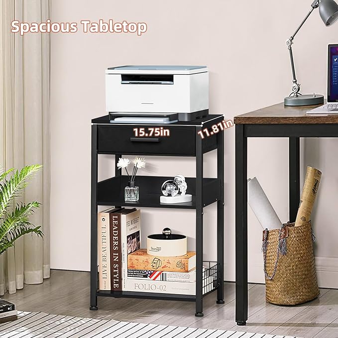 Lerliuo 3-Tier Printer Stand with Fabric Drawer and Shelves, Pure Black | Three-tier printer stand with fabric drawer and two shelves for paper, office supplies, scanners and fax machines