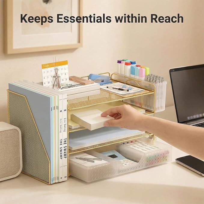 ECOLOVI Desk Organizer, 4-Tier Paper Organizer Letter Tray with File Holder, Drawer and 2 Pen Holders, Desktop File Organizer for Office Supplies, Workspace Storage, Gold