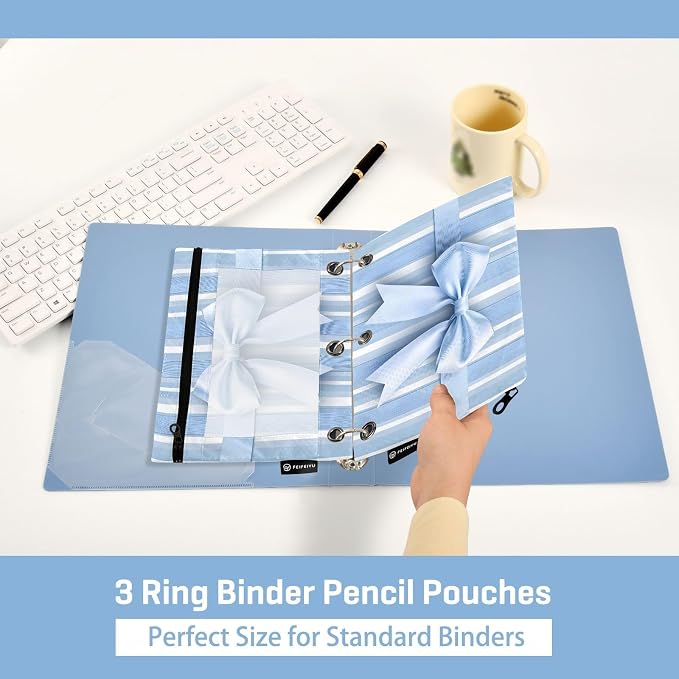 Blue Striped Bow Pencil Pouch for 3 Ring Binder, 2 Pack Waterproof Pencil Bags Clear Window Pencil Case Zipper School Office Supplies