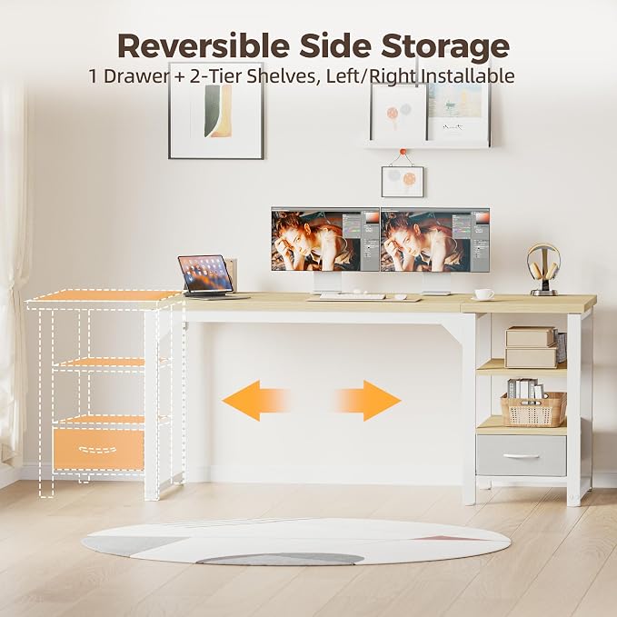 48 in Computer Desk with Drawer, 1" Thick Reversible Office Desk | Modern Writing Table with Storage Shelves, Heavy Duty Industrial Study Desk for Home Bedroom Work