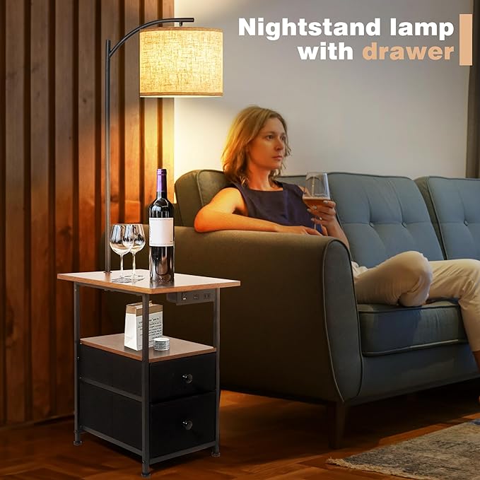PESRAE Floor Lamp with Table & 2 Drawers, End Table with 3 Color Temperature Reading Light, Side Table Lamp with USB & Type C & AC Charging Port for Living Room, Bedroom