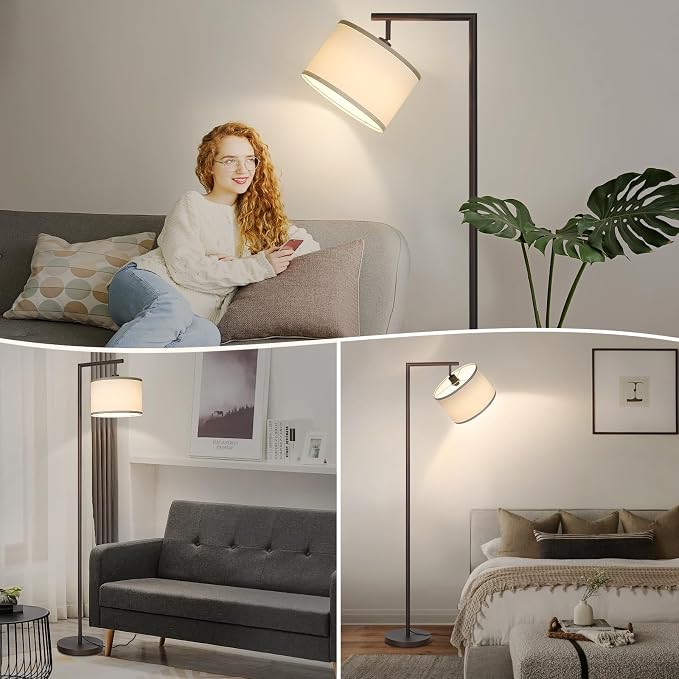 Fully Dimmable Floor Lamp Brown, Arc Floor Lamp for Bedroom with Adjustable Hanging Shade & Foot Switch, Modern Standing Lamp Corner Light Reading Lamp for Living Room, Office, LED Bulb Included