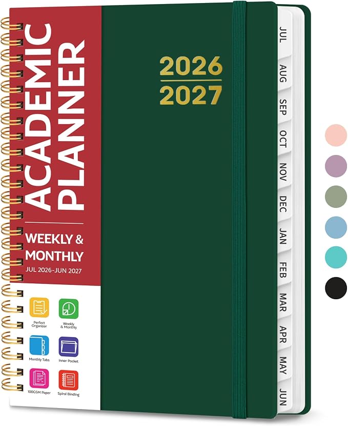 Taja Planner 2026-2027, Jul 2026-Jun 2027 Monthly & Weekly Calendar Book | 6.3" x 8.5", Hardcover Academic Calendar with Tabs, Teacher Student Agenda Book for School Office Supplies - Dark Green