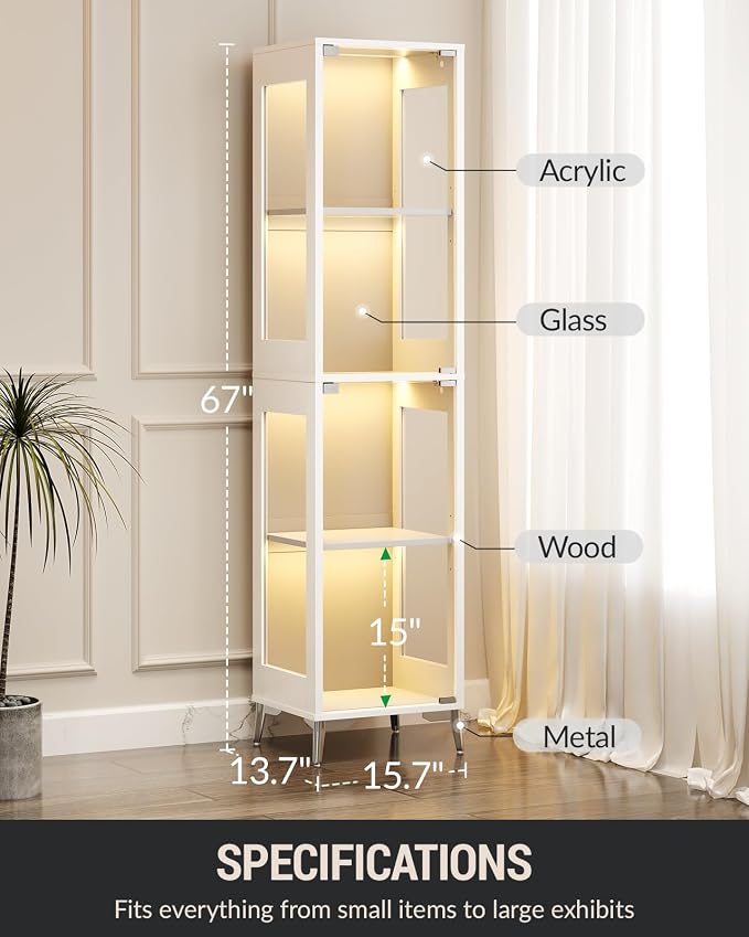 Glass Display Cabinet, 4-Tier Curio Cabinet, Adjustable Shelves, 60,000 Color Lights for Collectibles, Storage Cabinet with Door, Glass Display Case & Bookcase, App & Remote Control, White