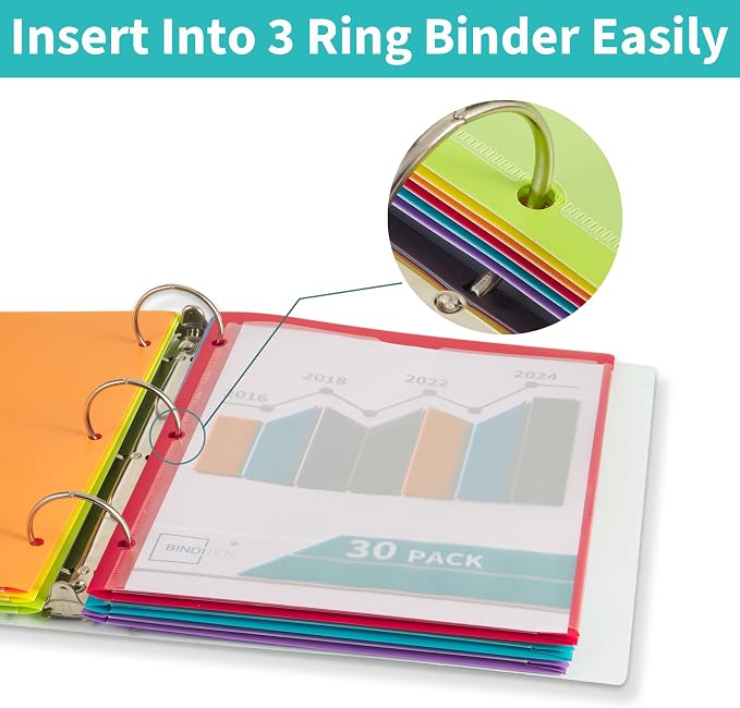 Heavy Duty Plastic Folders with Clear Front Pockets with 3 Holes, 30 Pack | Letter Size, 2 Pocket Folder for 3 Ring Binder, Card Slot, Back to School, Office & Home Organization
