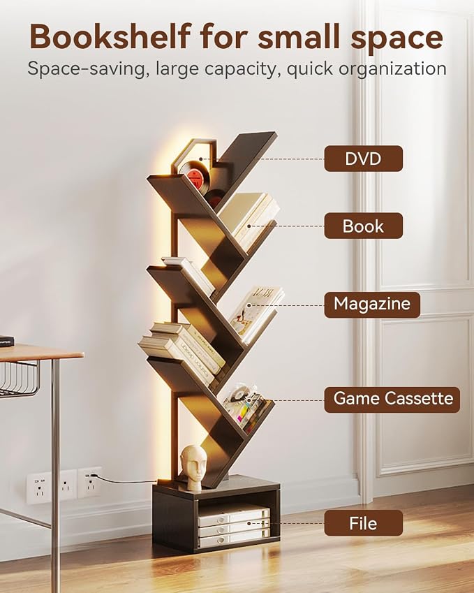 Casaottima Tree Bookshelf with LED Lights, 6-Tier Small Bookshelf, Black | Narrow Bookcase for Small Spaces, Steel & Wood Storage Shelf with Cabinet, Home Organizer for Living Room, Bedroom, Office