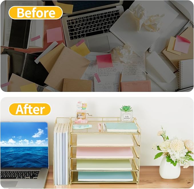 AUPSEN Gold Desk Organizers and Accessories, 5-Tier Desktop Paper File Organizer with Removable File Holder, Desk Accessories & Workspace Organization for Home Office Supplies (Gold)