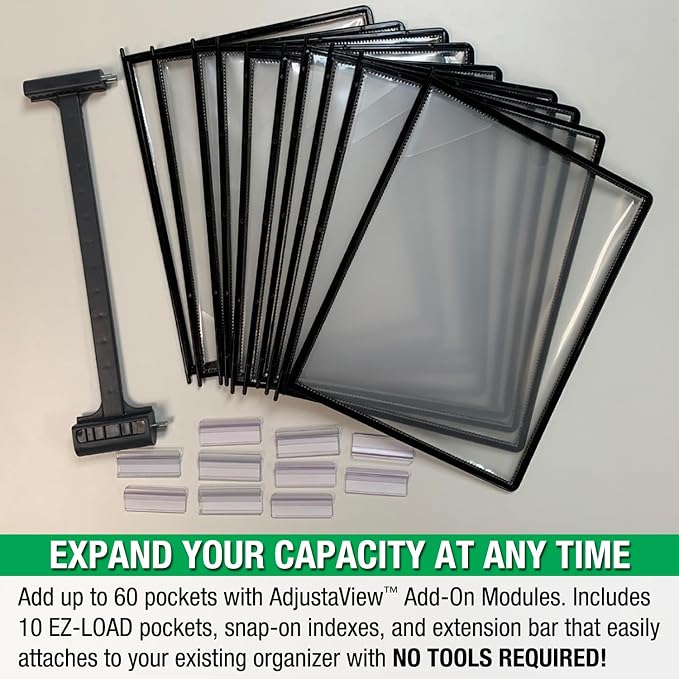 Ultimate Office AdjustaView Expandable Desk Reference Display Organizer 10B | 5 Adjustable Viewing Angles, Dual Weighted Base, 10 Letter Size EZ-Load Black Pockets, ADD-ON to Expand Capacity at Anytime