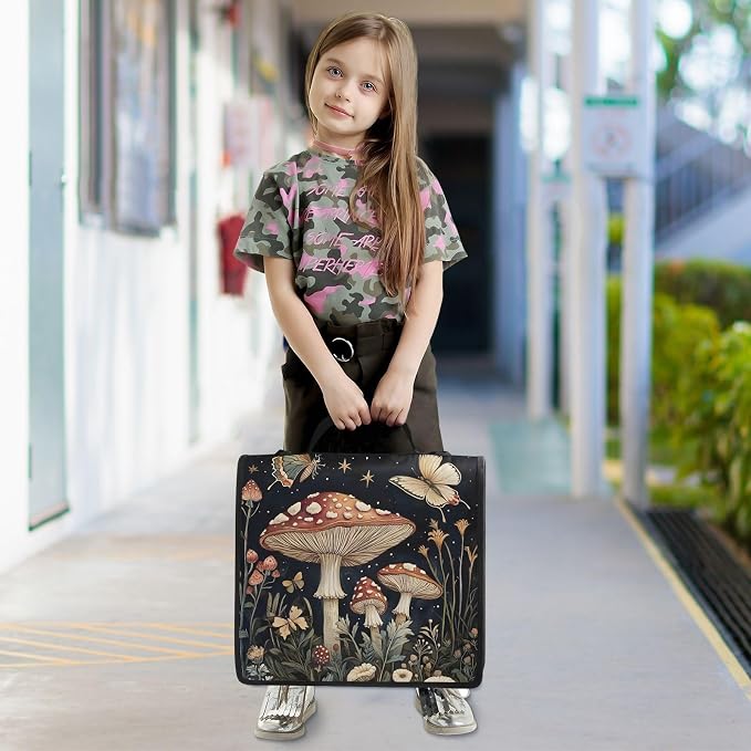 3 Ring Zipper Binder with Shoulder Strap Mushrooms Flowers Butterflies (2) 1.5 inch Binders Keeper Large Capacity Multi Pockets for School Office Supplies