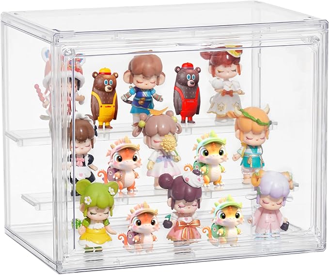 Attelite Acrylic Display Cases for Collectibles, Small Showcase with 3 Tier | 2 Movable Dividers，Clear Showcase for Mini Figures，Easy Assembly, Magnetic Door, Stackable Design, Dustproof Durable Material