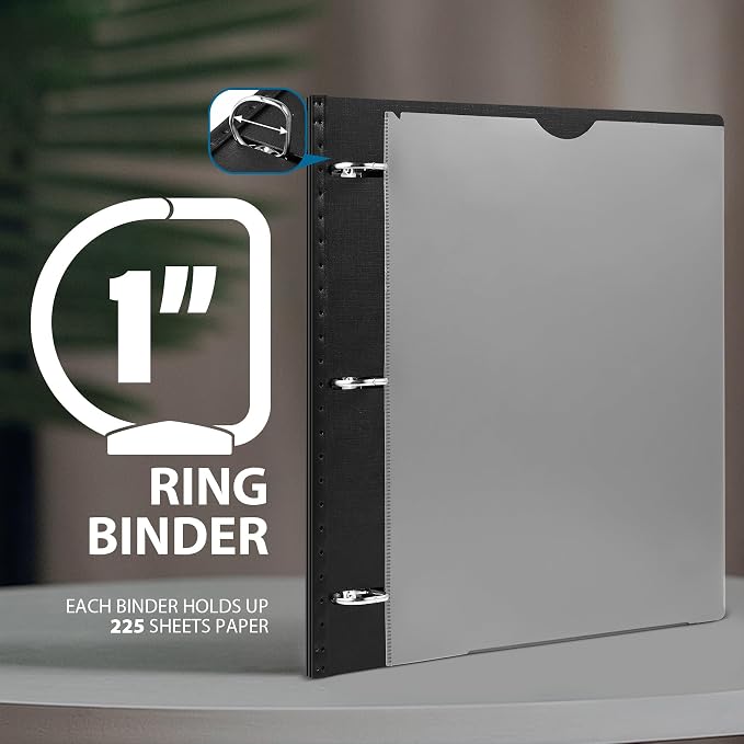 WOT I 1 Inch Telescoping 3 Ring Binder 4 Pack, Expandable Flexible Binder with Customizable Front Cover & Clear Catalog Pocket, Holds 8.5"x11" Paper, School Office Supplies, Black