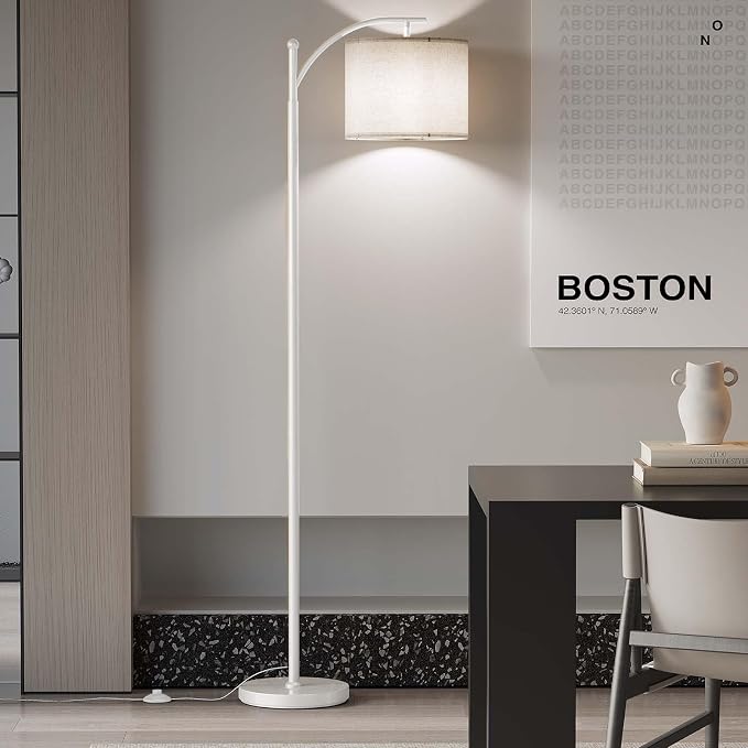 SUNMORY Arc Floor Lamp, Modern Floor Lamp with 9W 3 Color Temperatures Bulb | Metal Standing Lamps with Adjustable Hanging Lampshade, Tall Floor Lamps for Living Room, Bedroom, Office, White