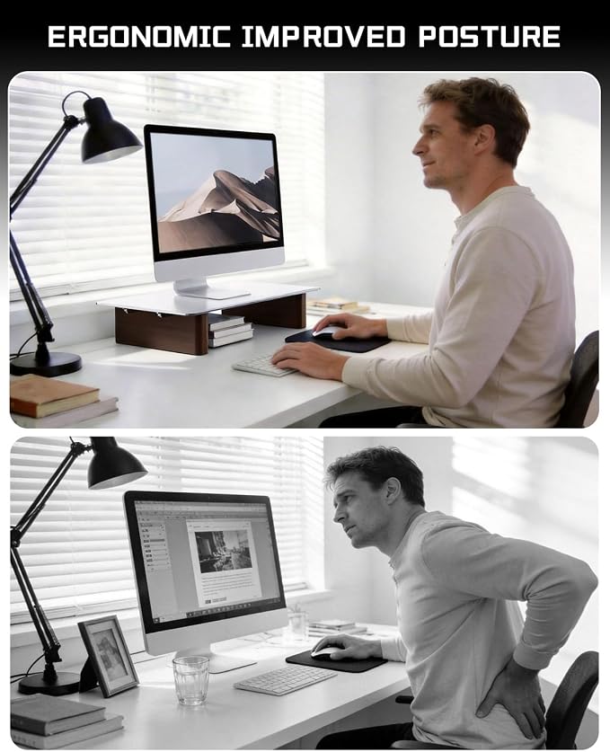 Aluminum Monitor Stand Riser, Ergonomic Desktop Shelf with Wooden Legs - 15.75” Wide Heavy Duty Computer Stand for Home Office, Universal Desktop Monitor Riser for PC, iMac, MacBook, Laptop