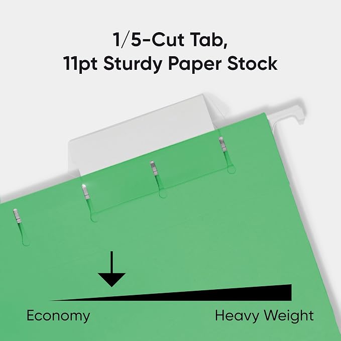 Smead Standard Hanging File Folders, 25 Count, Green, 1/5-Cut Adjustable Tabs, Letter Size (64061)