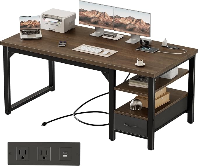 54" Computer Desk with Drawer, 1.2" Thick Reversible Office Desk | Modern Writing Table with Power Outlets & Storage Shelves, Heavy Duty Industrial Executive Desk for Home Bedroom Study Work