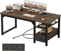 54" Computer Desk with Drawer, 1.2" Thick Reversible Office Desk | Modern Writing Table with Power Outlets & Storage Shelves, Heavy Duty Industrial Executive Desk for Home Bedroom Study Work