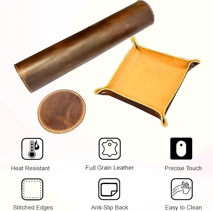 Leather Desk Mat Set (32x16) - Full Grain Large Computer Gaming Mouse Pad | Non-Slip, Table Cover Blotter Protector, Smooth Control, Stitched Edges, Desktop Laptop Accessory with Valet Tray & Coaster