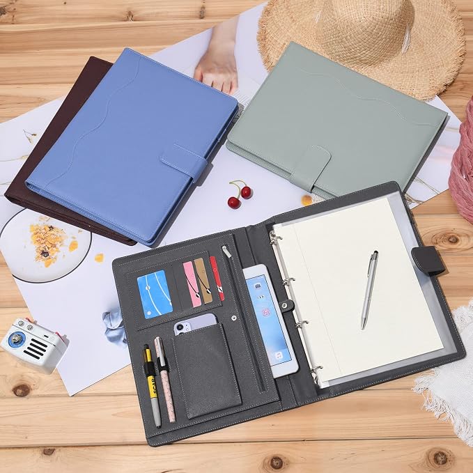 Wonderpool A4 PU Leather 3 & 4 Ring Holder Writing Portfolio Multi Document Case with Removable Binder Clipboard and Functional Pocket for Organizer Office Travel School (Blue)