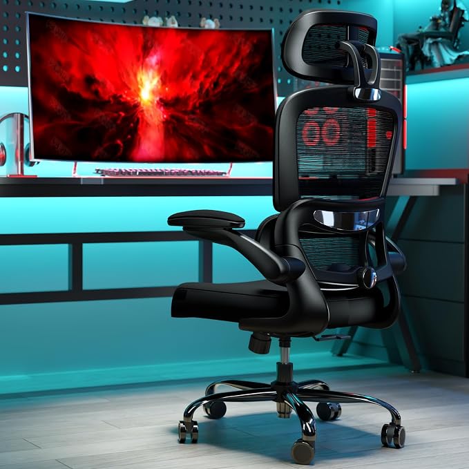 TRALT Office Chair Ergonomic Desk Chair - Gaming Chair with Lumbar Support | 330 LBS Home Office Desk Chairs with Headrest, Reading Chair with Flip-up Armrests, Comfortable Computer Chairs (4, Black)