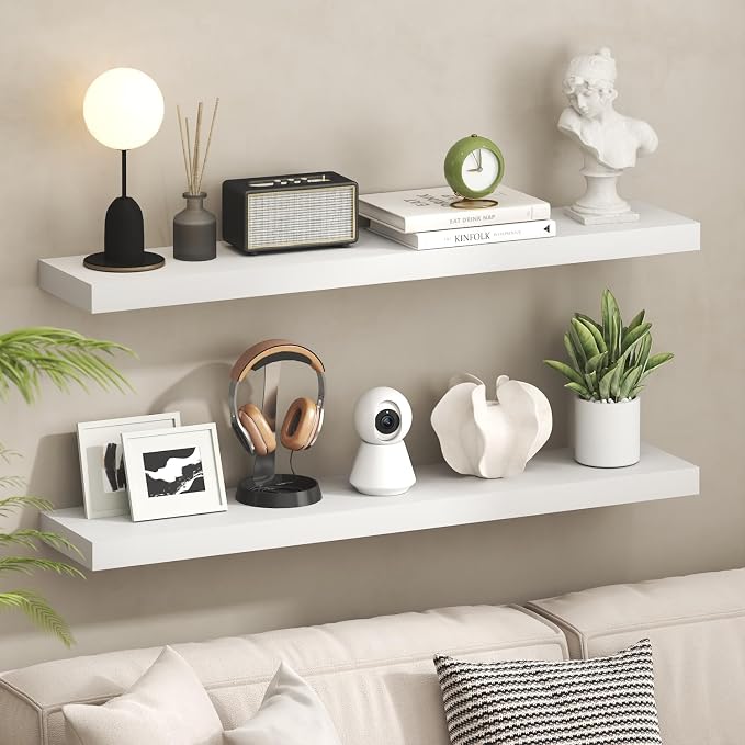 Furinno Tanna Floating Shelves for Wall, 9 x 47 Wall Shelf, Single Set Wall Mounted Floating Shelf with Invisible Bracket, 2-Inch Thick, for Bathroom, Living Room, Bedroom, Home Office, White