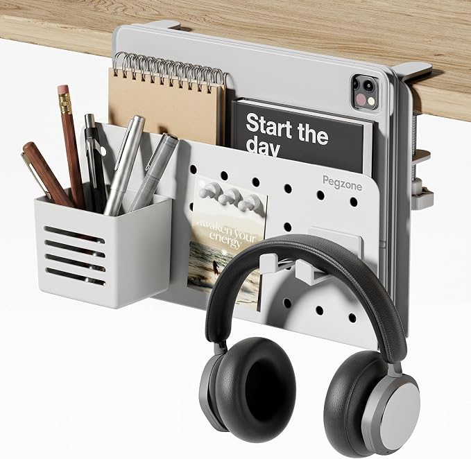 Under Desk Storage Organizer, Laptop Holder for 0.4"-2.2" Desk Edge, White | Holds 22lbs, Clamp on Desk Organizer with Pegboard Design, Fits 0.4"-2.2" Desktop Edge