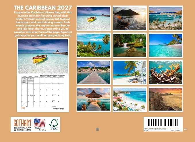 Caribbean Calendar 2027 Tropical Beach Islands Monthly Wall Calender 12 Month | American Made In The USA