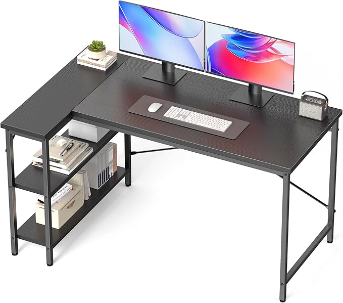 DUMOS 55 Inch L Shaped Desk, Computer Gaming Corner Desks with Shelves | Home Office PC Table, Writing Working Study Desk for Bedroom Dorm, Reversible Design, Black