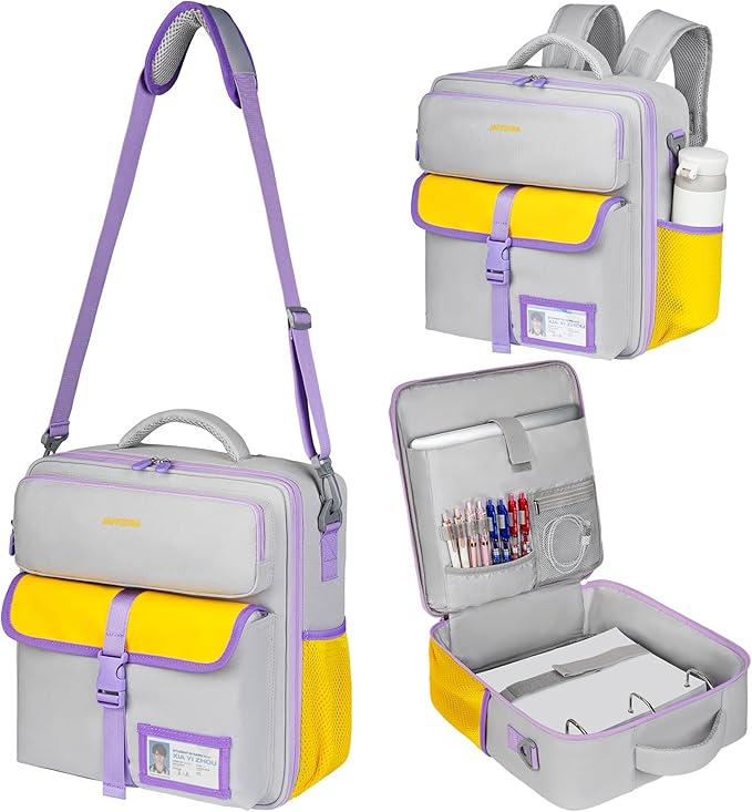 Zipper Binder 3 Ring 3 Inch with Shoulder Strap, Large Binder Backpack with Zipper Fits 13 Inch Laptop for College Office Travel, 700 Sheets Capacity,Gray&Yellow