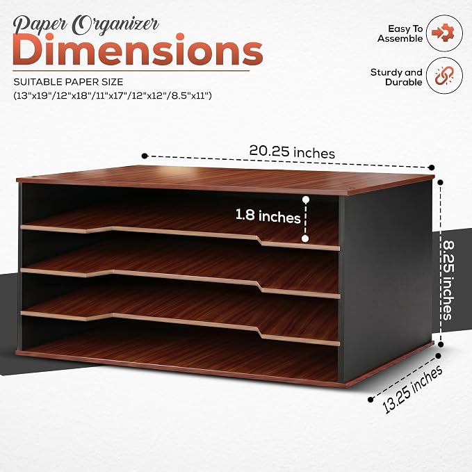 12x18 Construction Paper Organizer, 4-Tier Wooden Flat File for 11x17, A3 & Tabloid Sheets | Durable wood Desk Paper Storage for Classroom, Office & Art Studio