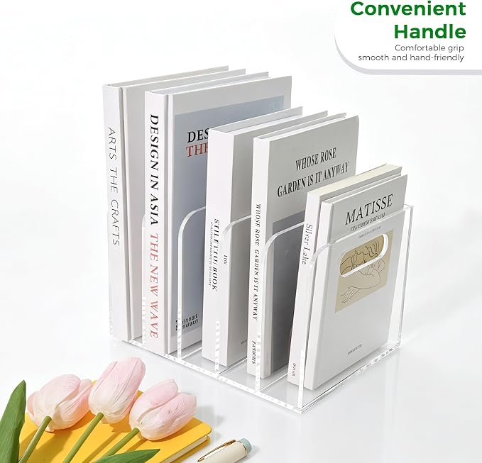 Lovemolly 5-Slot Clear Acrylic Magazine File Holder, Vertical Desk Organizer with Handle – No-Assembly Document Sorter for Office & Home, 7.48 x 10.04 x 6.3 in