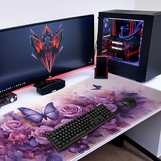 Extended Gaming Mouse Pad 31.5" x 11.8", with Edge Stitching, Non-Slip Rubber Base Keyboard Pad, Suitable for Work, Game, Office, Home and Coasters, Butterflies and Purple Roses