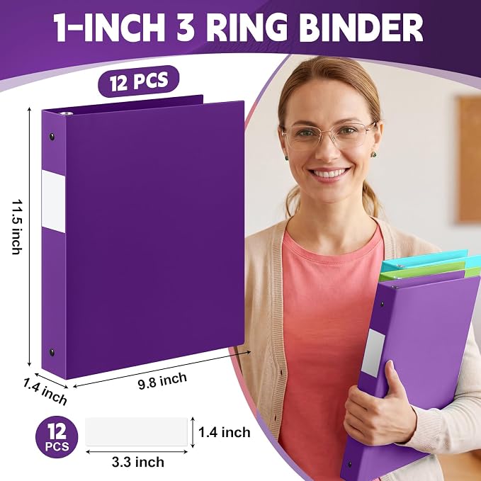 Henoyso 1 Inch 3 Ring Colored Binders Soft Flexible, 8.5'' x 11'' Plastic Floppy Binders Bendable with 2 Pockets, Colorful Binder Bulk for School Office Business ，12 Pack (Assorted Stylish Color)