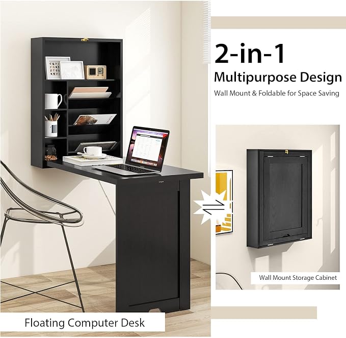 LDAILY LUARANE Wall Mounted Table, Foldable Multiple-Purpose Desk, Fold Out Wood Convertible Writing Desk Bookshelf Cabinet, Large Storage Space, Ideal for Home Office Study (Black)