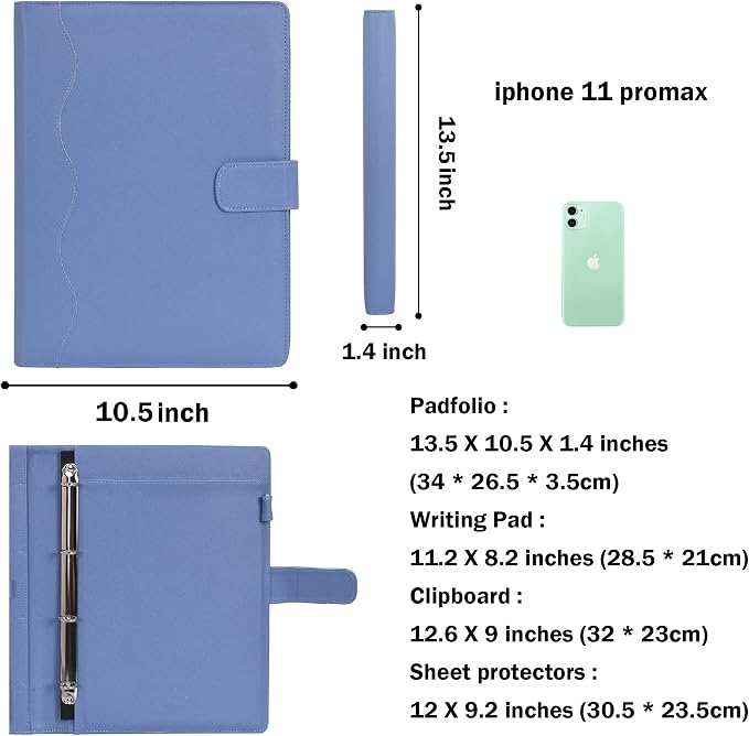 Wonderpool A4 PU Leather 3 & 4 Ring Holder Writing Portfolio Multi Document Case with Removable Binder Clipboard and Functional Pocket for Organizer Office Travel School (Blue)