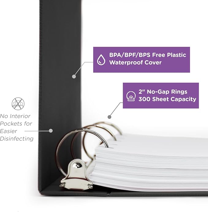 Carstens 2-Inch Heavy Duty 3-Ring Binder - Side Opening, Black, Durable Plastic, Precision No-Gap Rings, Waterproof Covers, No Pockets, Holds 300 Letter-Sized Sheets, BPA-Free, Made in USA (5829-3R)