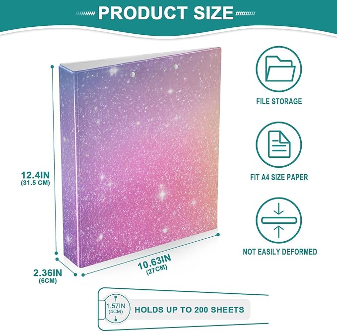 Aslsiy 3 Ring Binder 1.5 Inch Pink Sparkling Particles Round Clipboard Binder Decorative Harcover Binder Organizer for Office Supplies 1 Pack