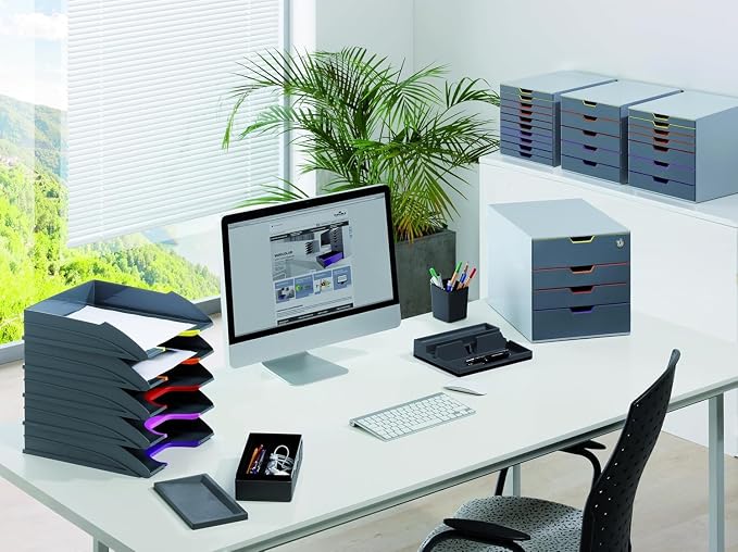Durable Varicolor 4 Drawer Unit - Gray Desktop Drawer Set with 4 Color Coded Draws - Letter to Folio Size Files - Perfect for Storing Documents and Paper Work