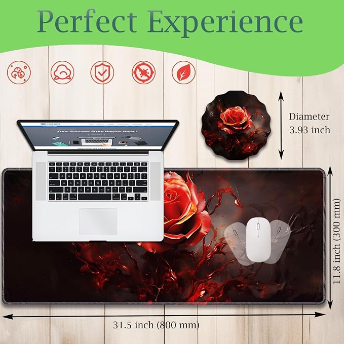 Extended Gaming Mouse Pad 31.5" x 11.8", with Edge Stitching, Non-Slip Rubber Base Keyboard Pad, Suitable for Work, Game, Office, Home and Coasters, Art Red Rose