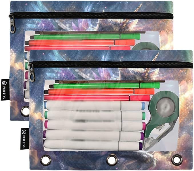 Custom Unicorn Cat with Wings Pencil Pouch for 3 Ring Binder, 2 Pack Personalized Name Waterproof Pencil Bags Clear Window Pencil Case School Office Supplies