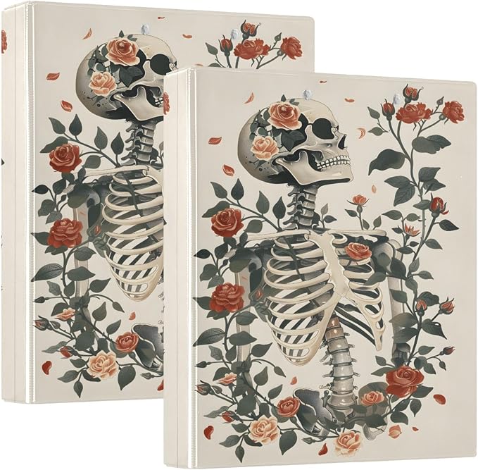 Custom 3 Ring Binder Skeleton and Roses 1.5" Round Ring Binders Personalized Name View Binder with 200 Sheet for Women Men Office Kids School Supplies, 1 Pack