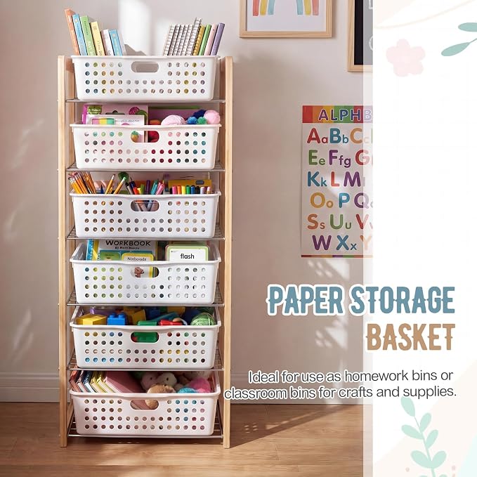 Geetery 6 Pack Classroom Storage Baskets with Handle,White | 14''x10'' Paper Tray Holds A4 Turn in Trays Plastic Paper Baskets Desk Organizer Bin for Classroom, Library, Office, Home