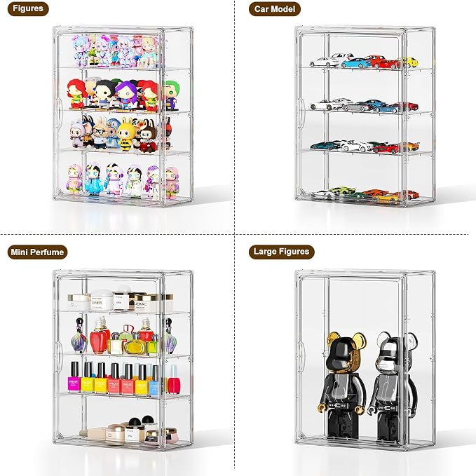 Clear 4 Tiers Acrylic Display Case for Figures Collectibles Wall Mounted Hobby Figurine Display Case with Shelves, Display Shelf Storage Box for Labubu Pop Mart, Action Figures, XXL, 1 Pack