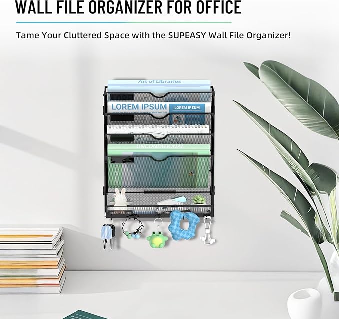 5-Tier Wall File Organizer with 5 Hooks, Wall Mounted Mail Organizer | File Holder Organizer, Metal Mesh Office Wall Organizer for Home, School & Classroom