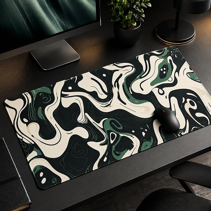 XXL Gaming Mouse Pad 31.5x15.7 Inch, Topographic Green White Desk Mat | Abstract Topographic Design with Waterproof Non Slip Rubber Base, Extended Keyboard Mouse Mat for PC Laptop Office & Gaming