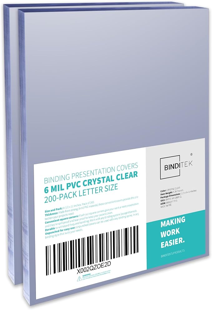 Binditek 6 Mil PVC Binding Covers, 8.5 x 11 Inches, Clear, 200 Pack | Plastic Binding Covers, 8.5" x 11" Letter Size, Clear, Square Corners, Unpunched, Ideal for Business Reports and Proposals