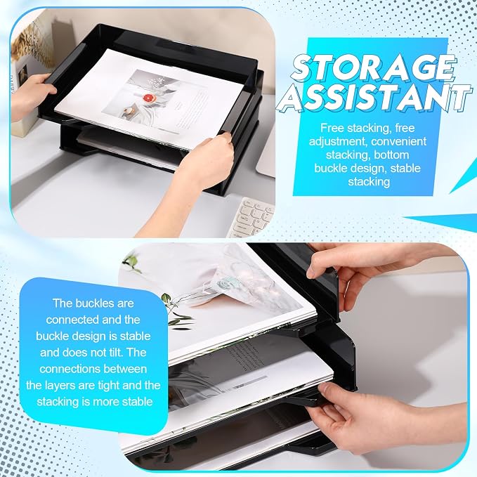 DoubleFill 4 Pcs Stackable Letter Tray Rectangular Plastic Desk Organizer 13 x 9.5 x 2.6 in Paper Holder File Tray Accessories Rack for Desktop Office Desk Drawers (Black)