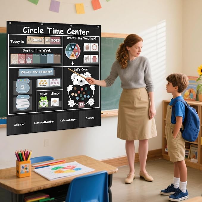 Boczif Circle Time Learning Center Pocket Chart for Classroom(Black)