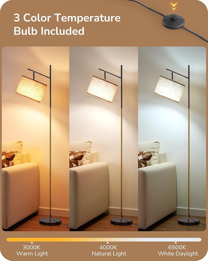 EDISHINE Black Gold Modern Floor Lamps for Living Room, Arc Standing Lamp | Bulb Included, 3 Color Temperatures, Flexible Lampshade, Foot Switch, Weighted Base, Tall Light for Office, Bedroom