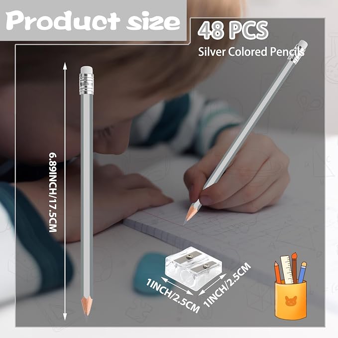 48 PCS Silver Colored Pencils with Eraser Pre Sharpened Pencil 2 HB - Ideal for Checking, Grading, Tests & Office/School Supplies (Silver)